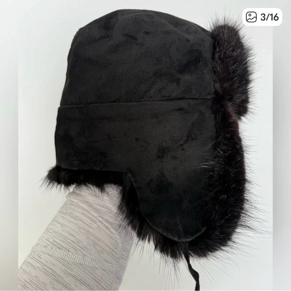 Real Rabbit Fur Black Trapper Hat - Picture 2 of 6
